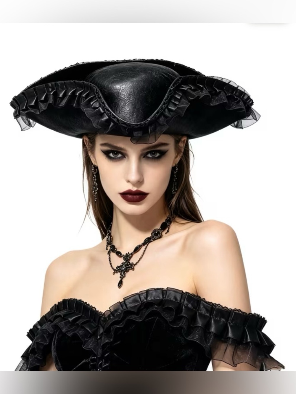 Black Ruffled Pirate Tricorn Hat - Women's Accessory